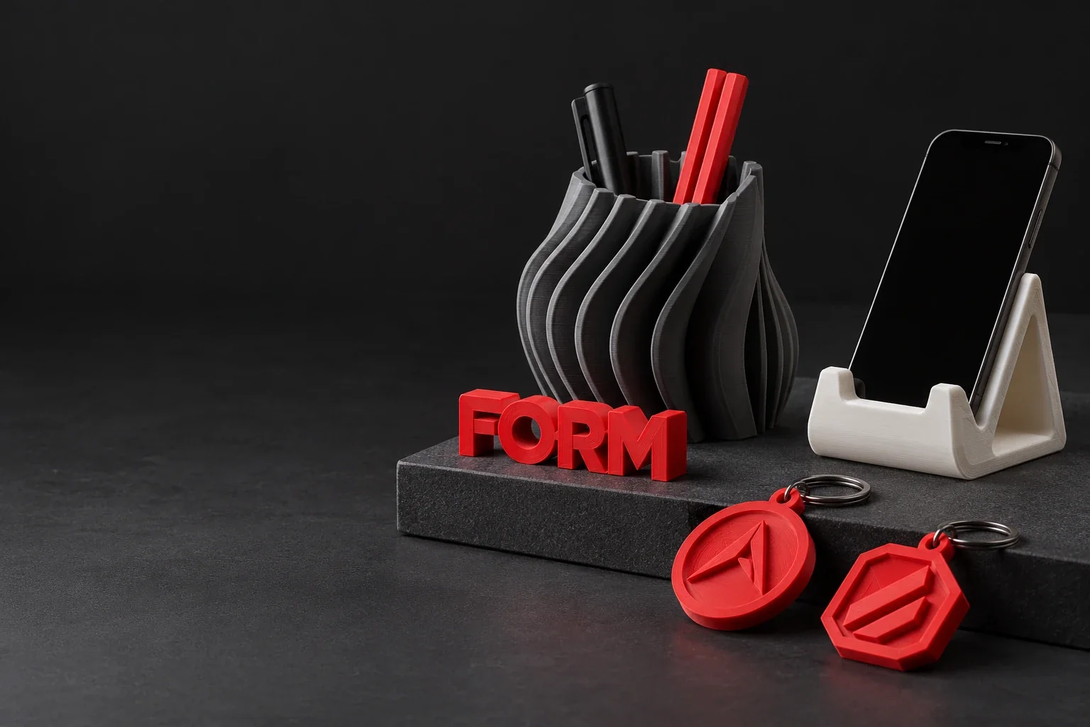 Illustrative 3D-printed desk organizer, phone stand, keychains and desktop sign in charcoal, red and warm white