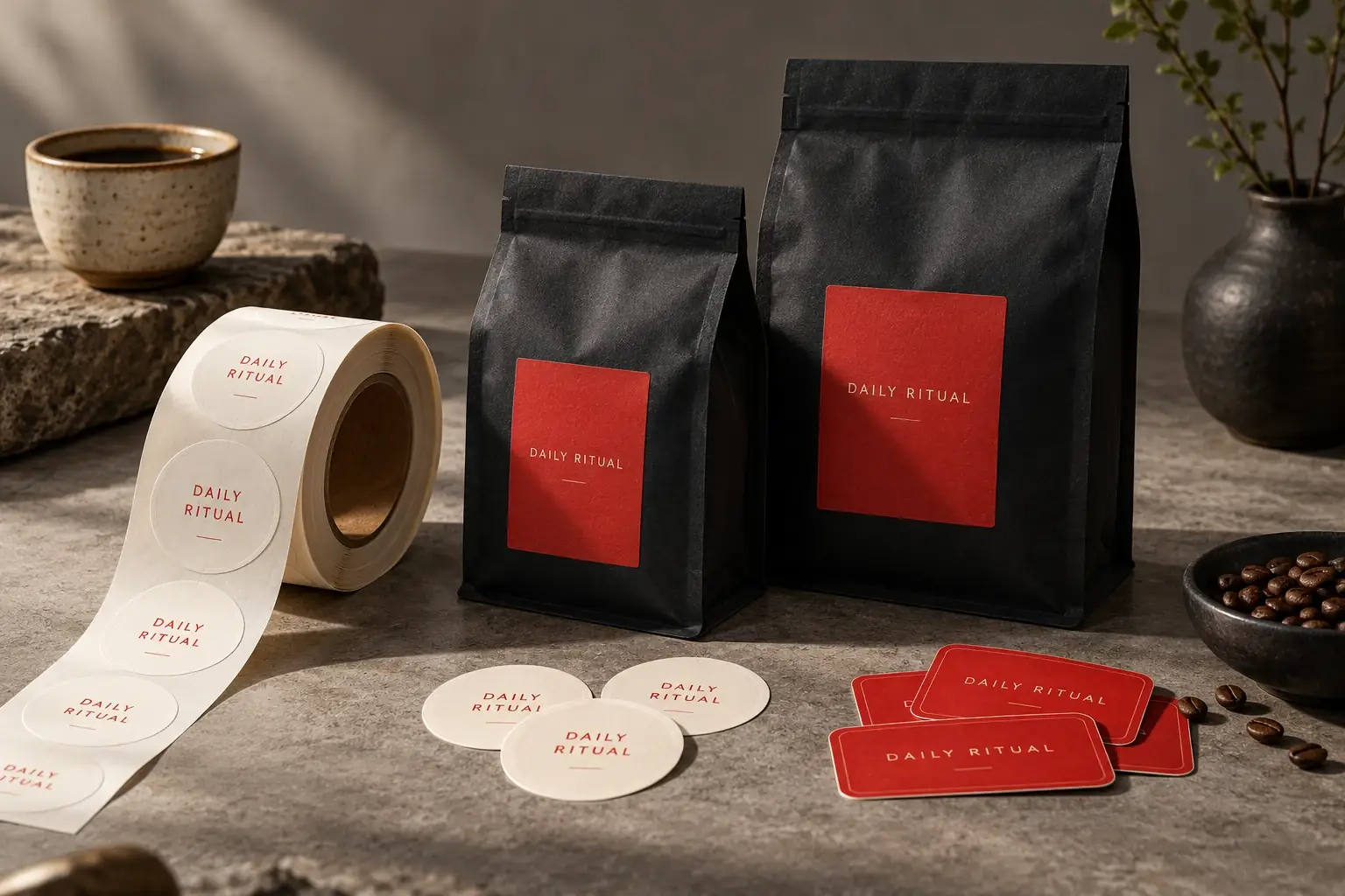 Printed coffee labels, sticker rolls and branded pouches