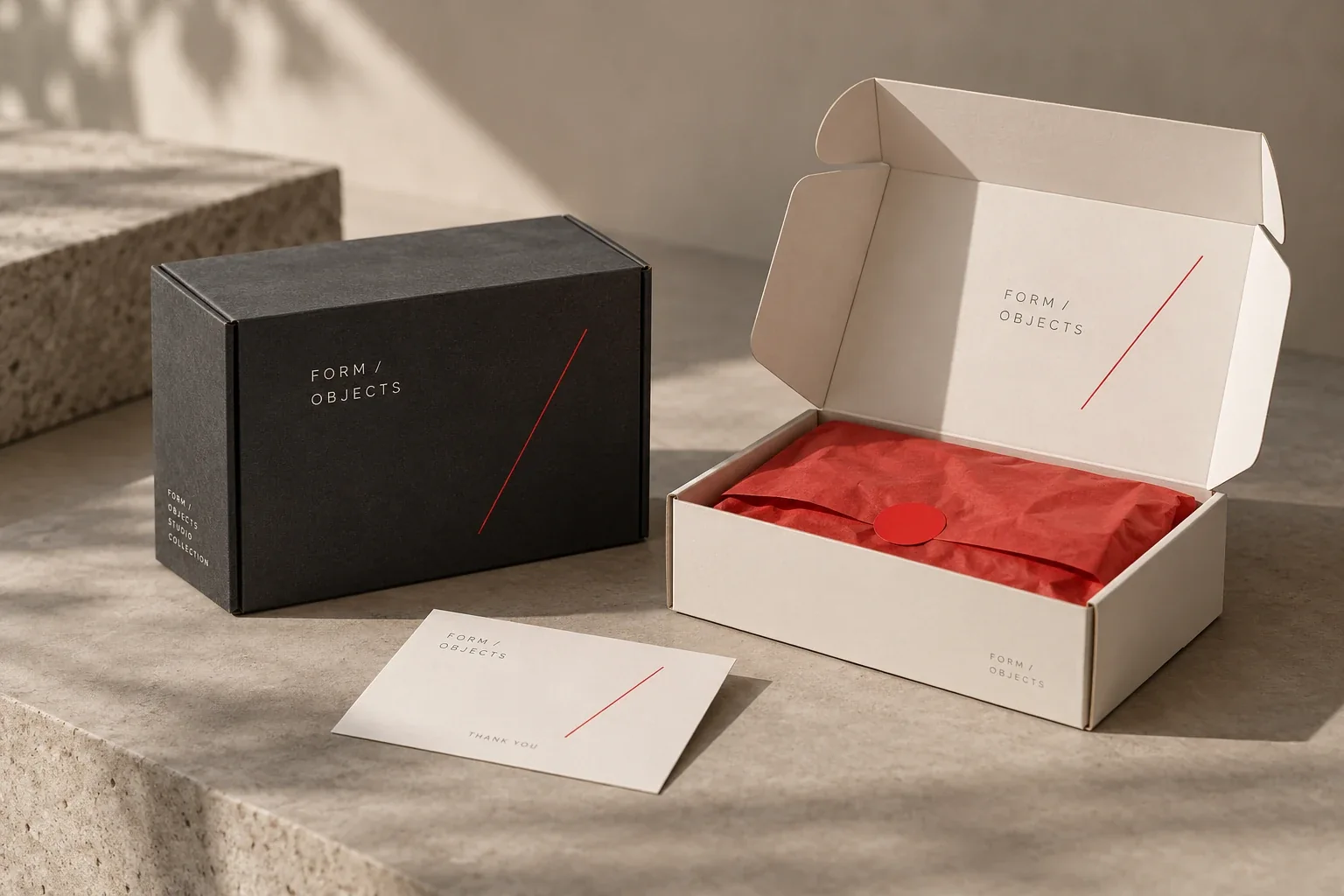 Printed folding cartons in charcoal and warm white with red tissue