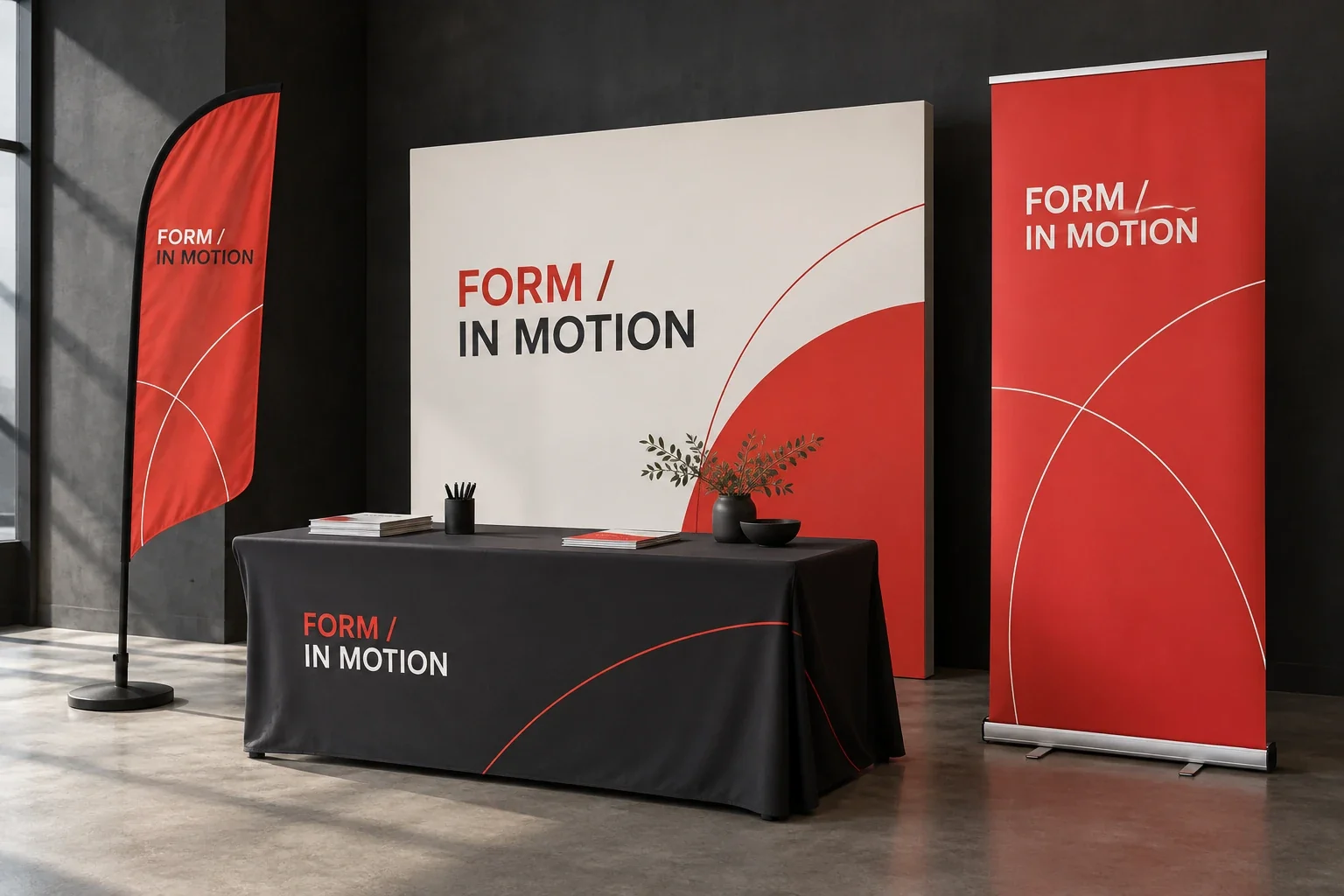 Coordinated roll-up banner, rigid sign, flag and printed event table cover