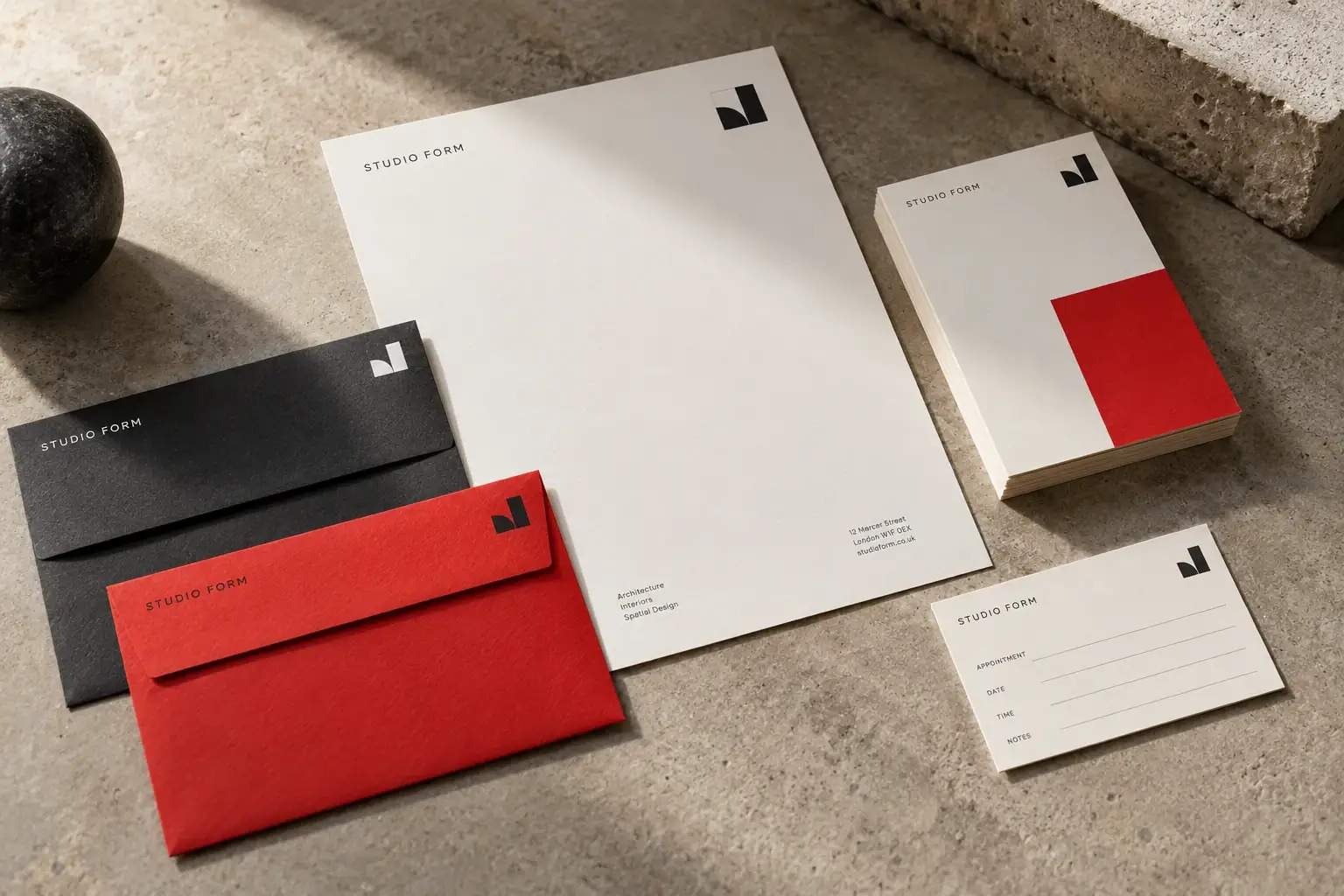 Warm-white Studio Form letterhead with charcoal and red stationery