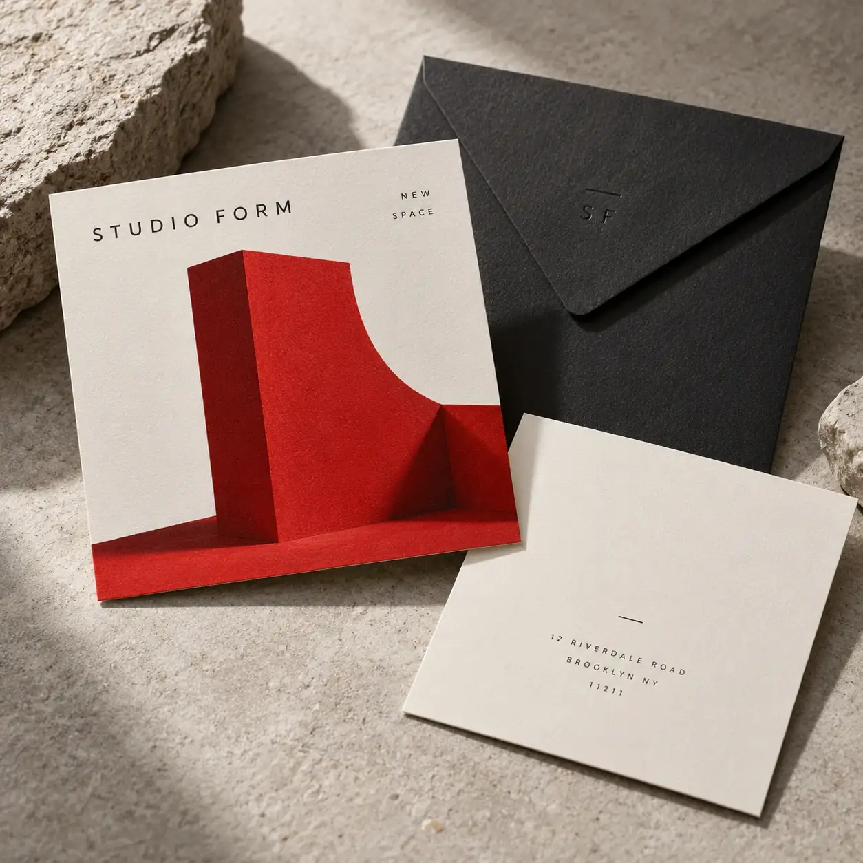 Printed announcement cards shown as a physical product in charcoal, red and warm white