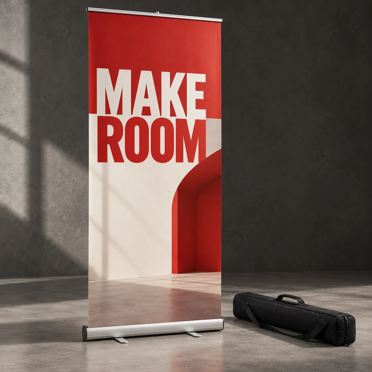 Printed banner stands shown as a physical product in charcoal, red and warm white