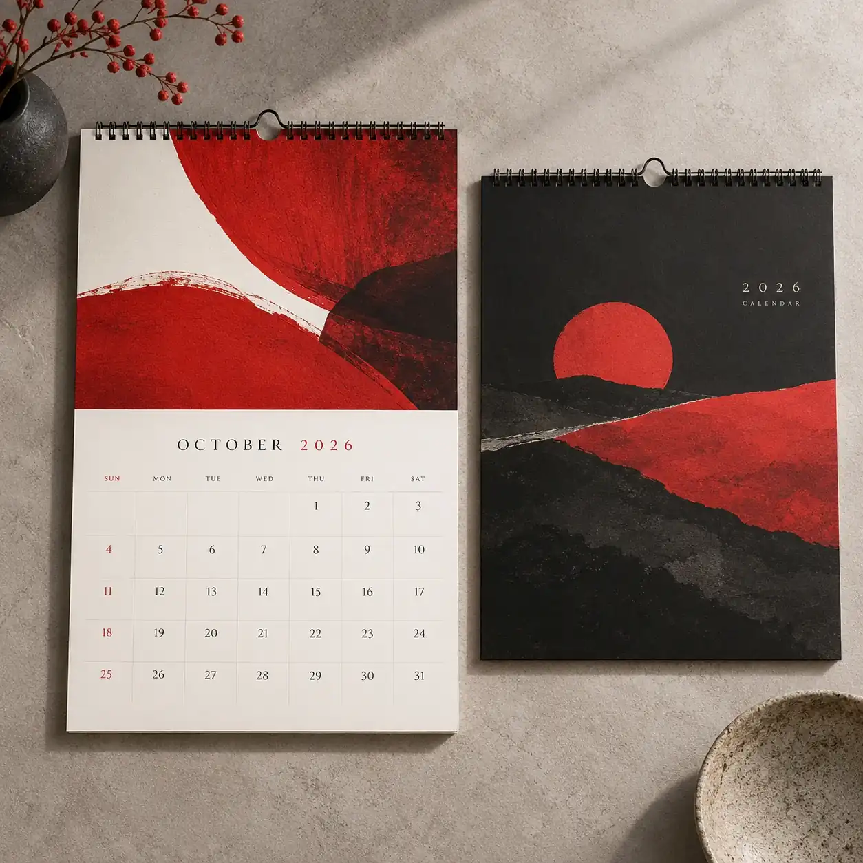 Printed calendars shown as a physical product in charcoal, red and warm white