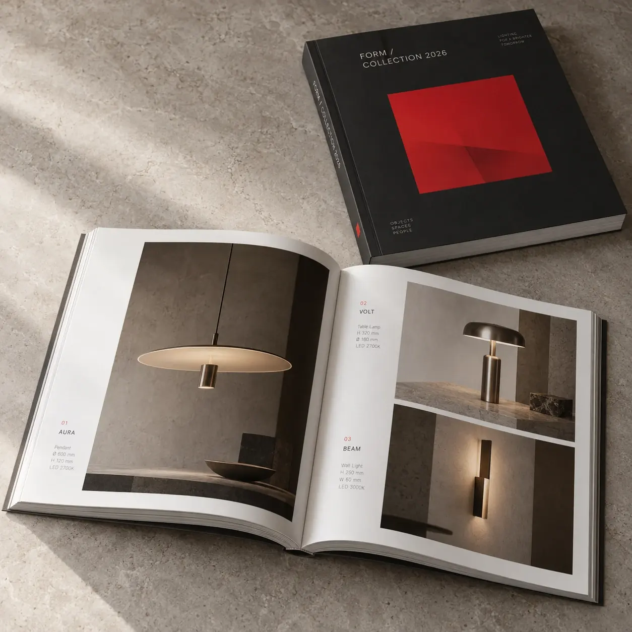 Printed catalogs shown as a physical product in charcoal, red and warm white