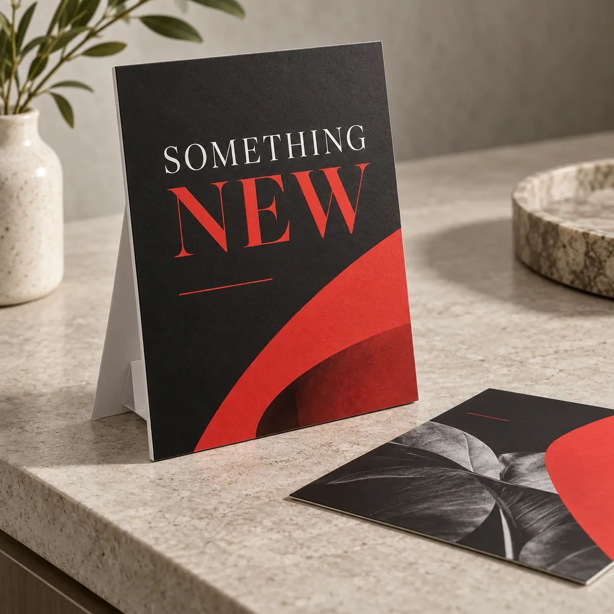 Printed counter cards shown as a physical product in charcoal, red and warm white