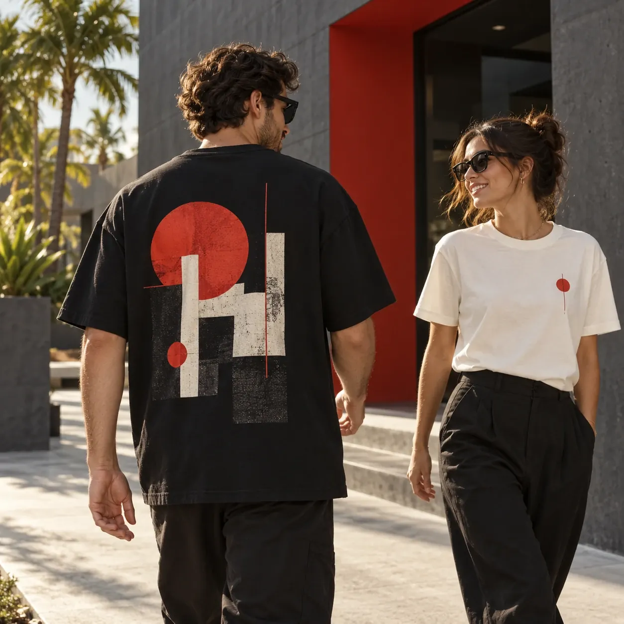 Creative professionals wearing black and warm-white custom printed T-shirts outside a charcoal studio