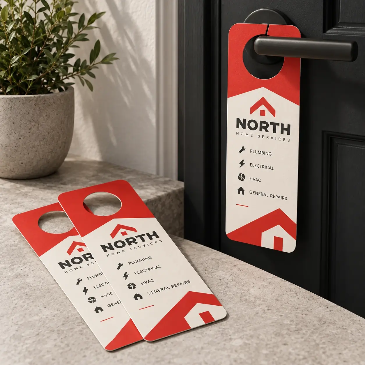 Printed door hangers shown as a physical product in charcoal, red and warm white