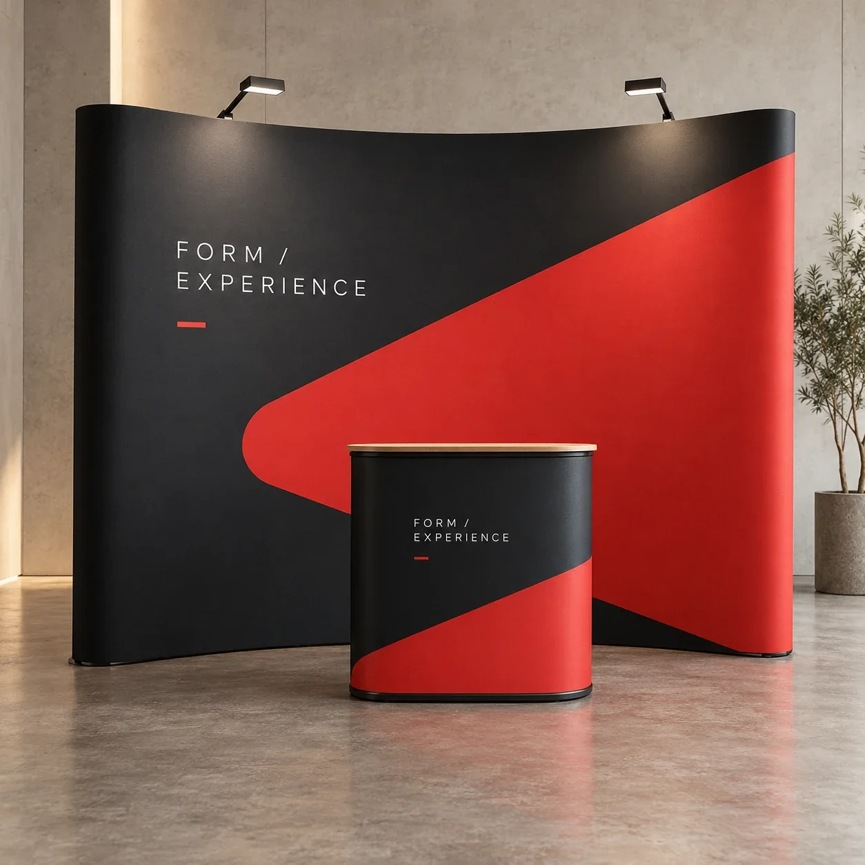Printed event displays shown as a physical product in charcoal, red and warm white