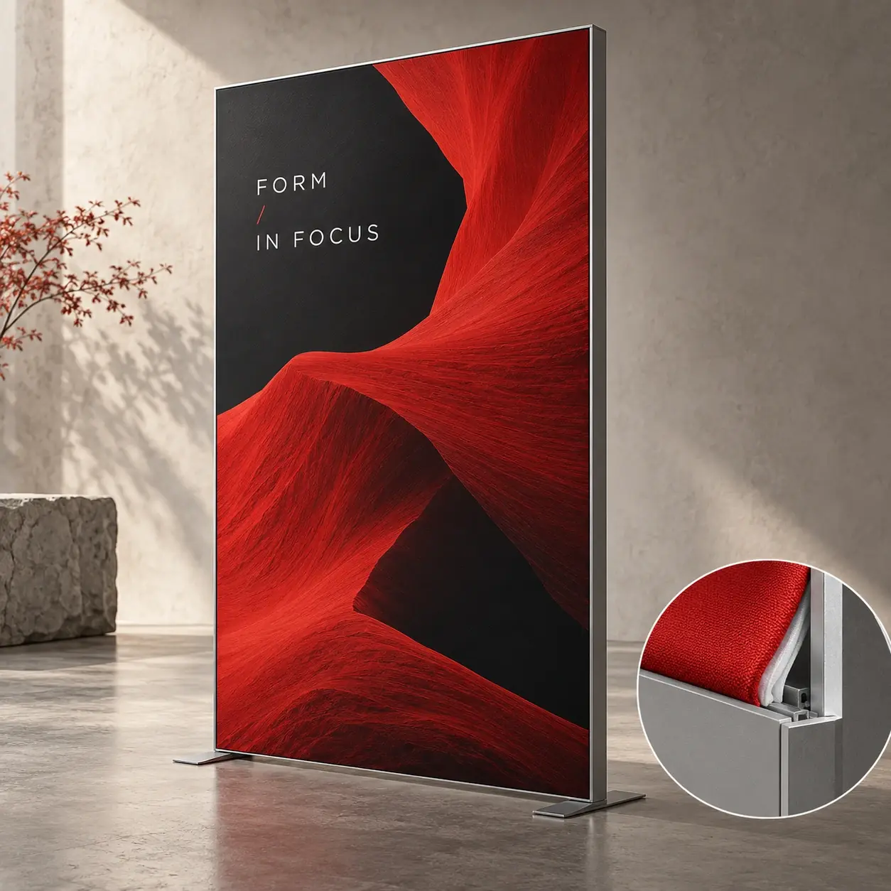 Printed fabric frame displays shown as a physical product in charcoal, red and warm white