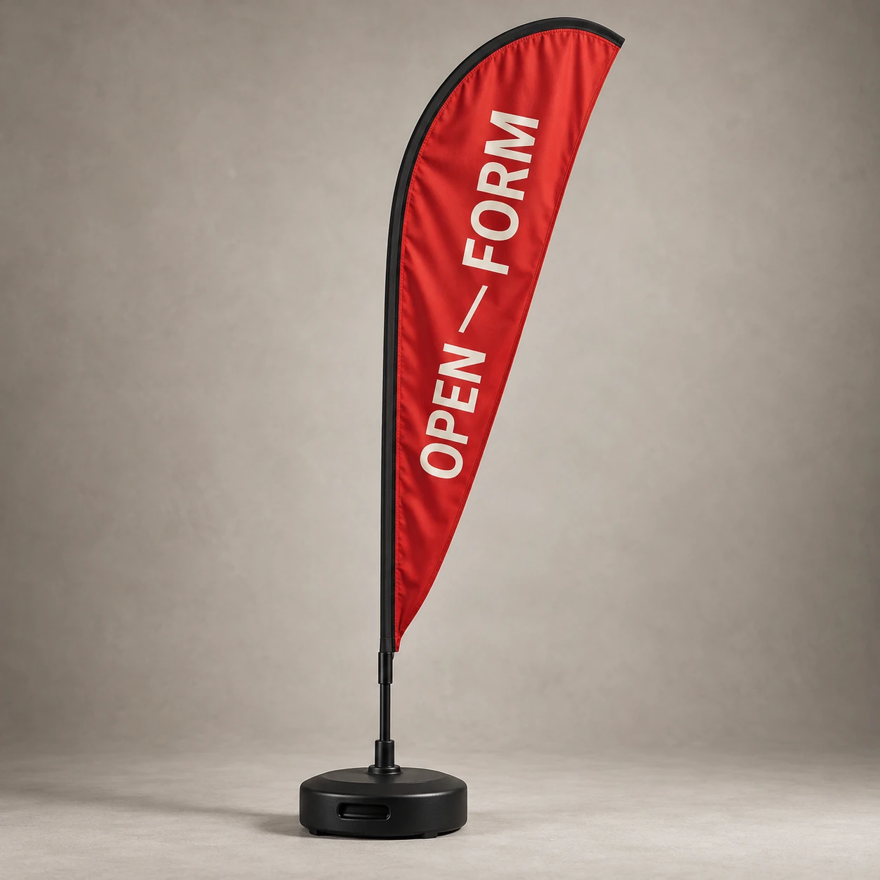 Printed flags shown as a physical product in charcoal, red and warm white