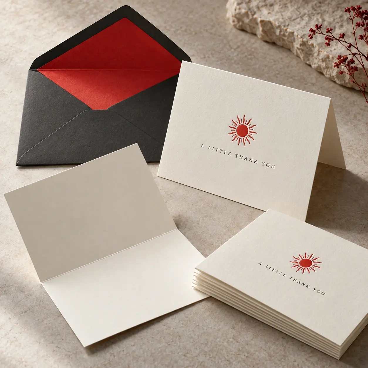 Printed greeting cards shown as a physical product in charcoal, red and warm white