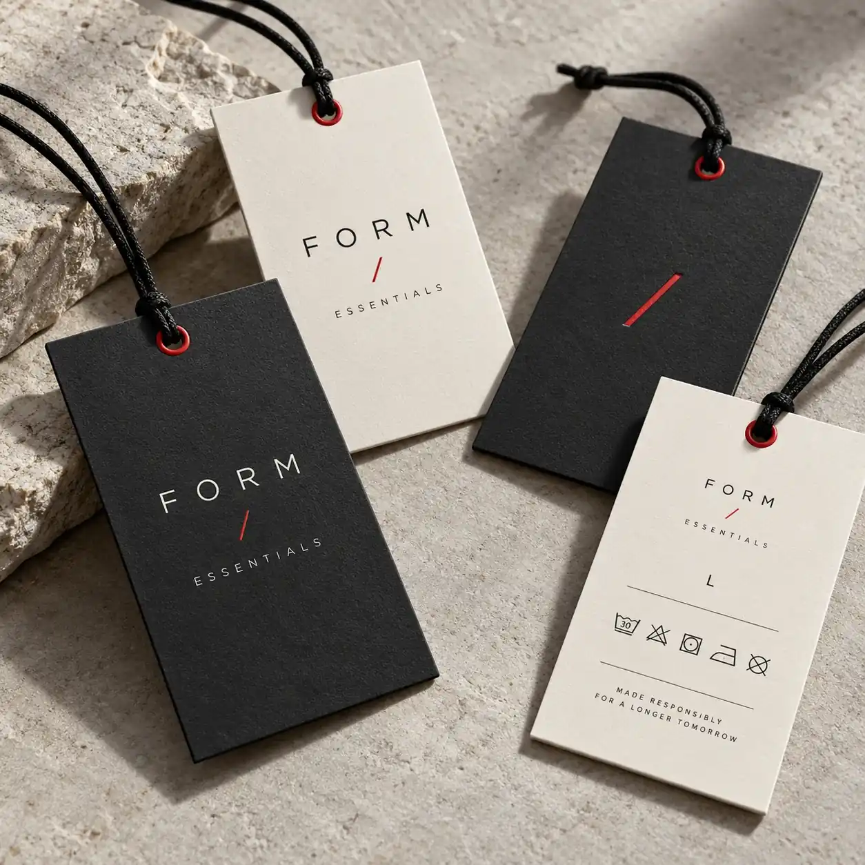 Printed hang tags shown as a physical product in charcoal, red and warm white