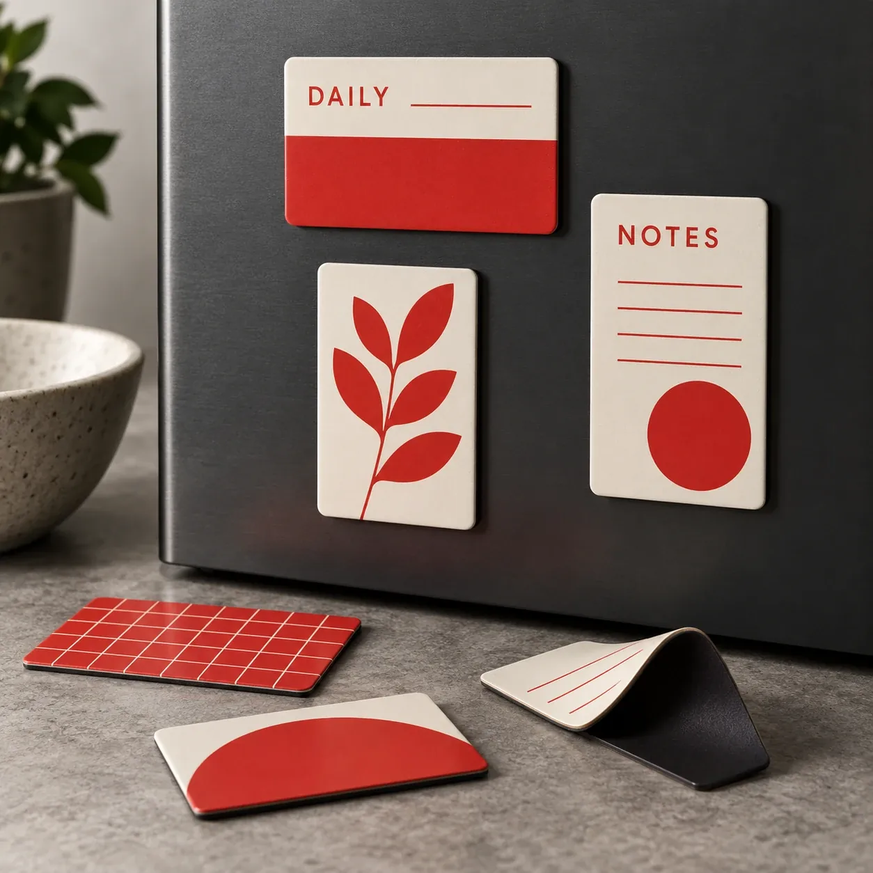 Printed magnets shown as a physical product in charcoal, red and warm white