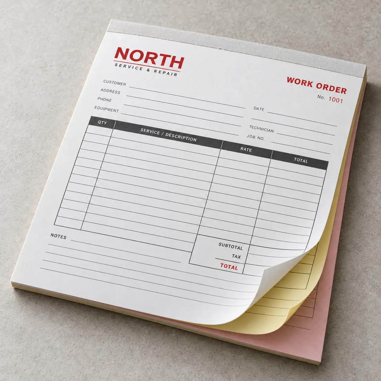 Printed ncr forms shown as a physical product in charcoal, red and warm white