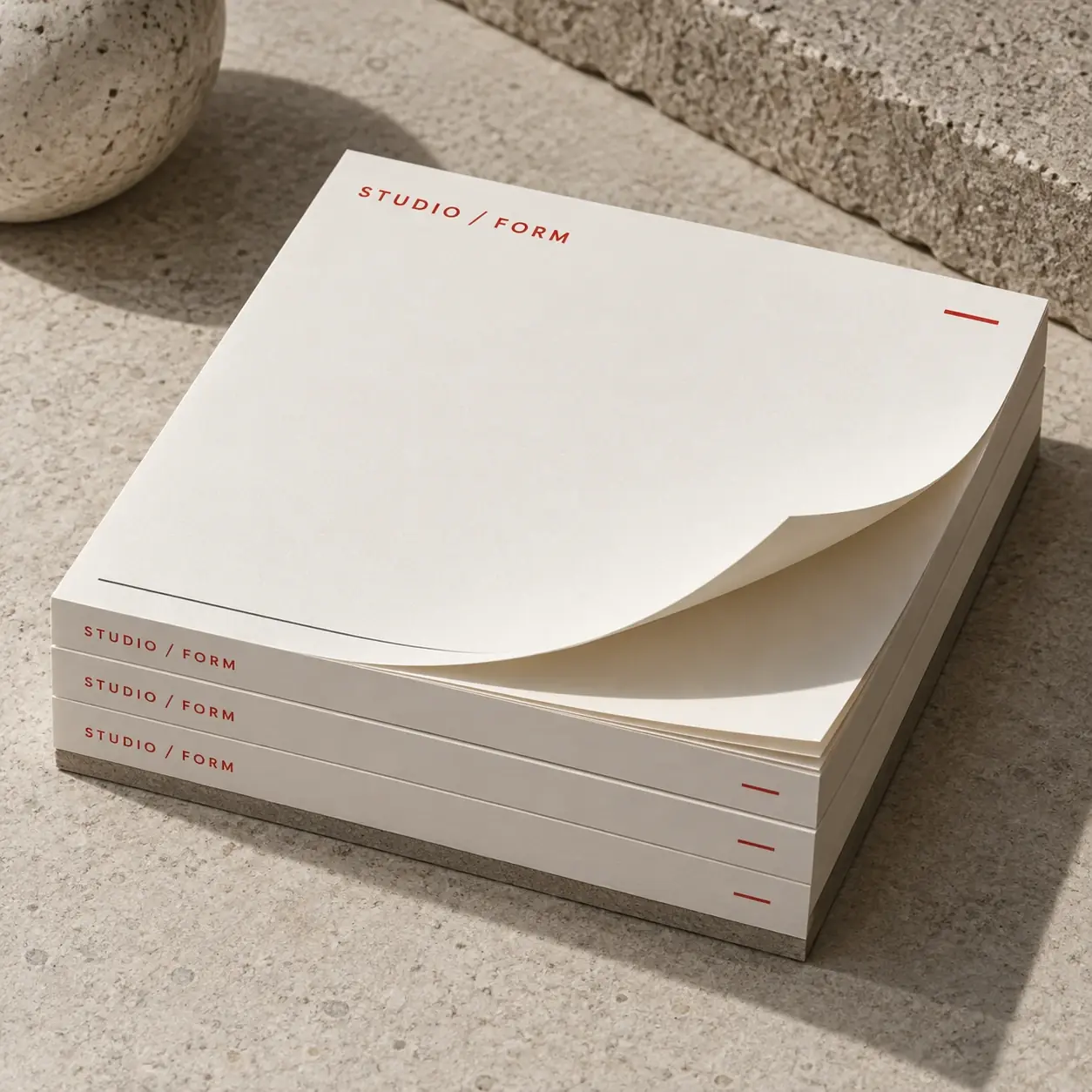 Printed notepads shown as a physical product in charcoal, red and warm white