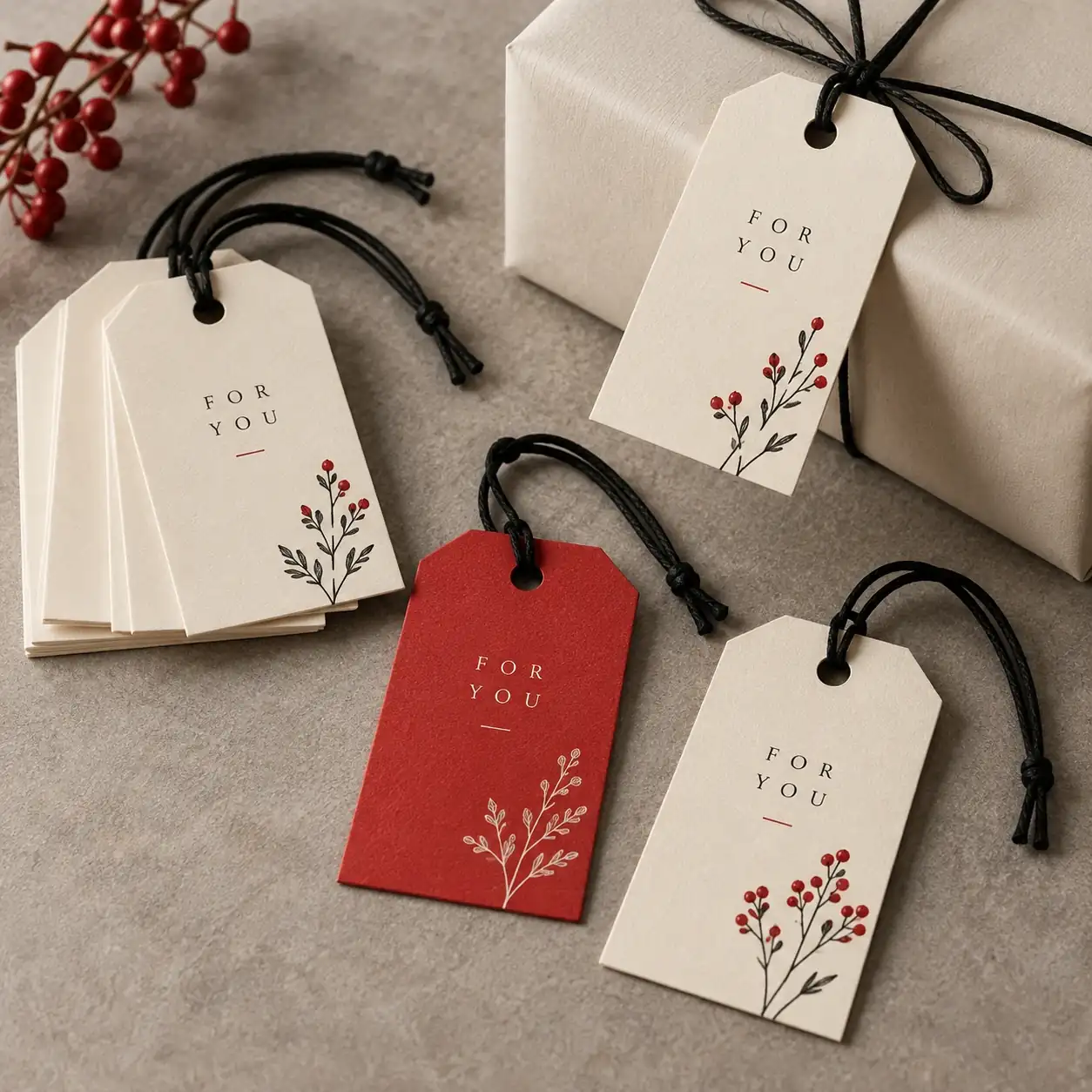 Printed packaging tags shown as a physical product in charcoal, red and warm white
