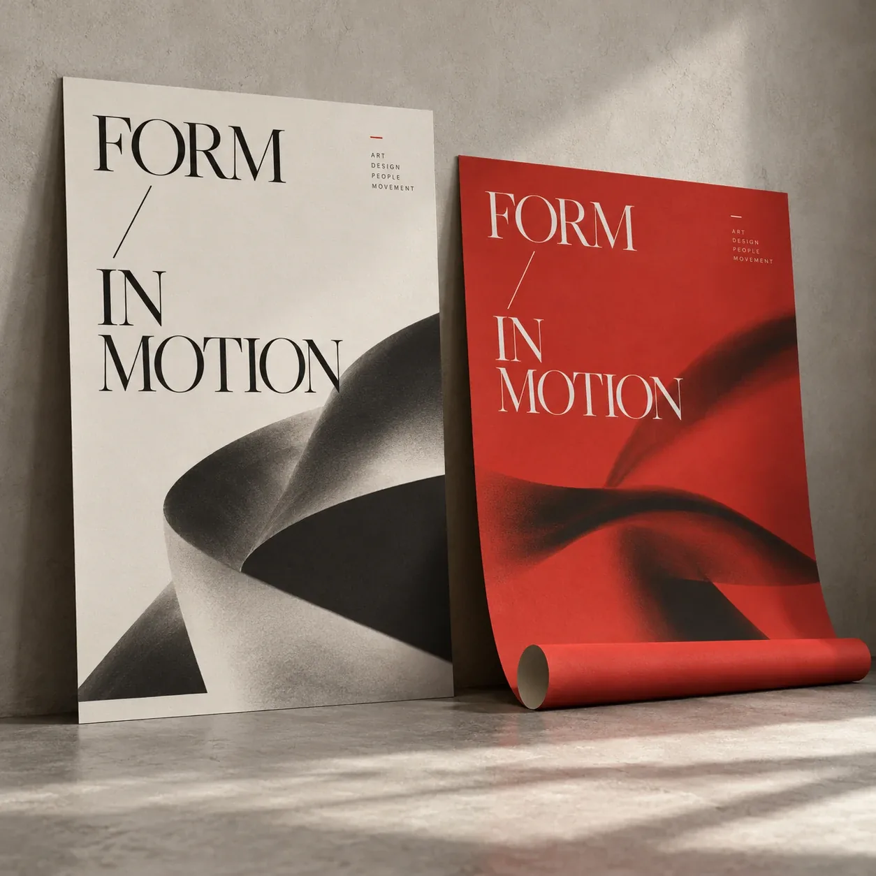 Printed posters shown as a physical product in charcoal, red and warm white