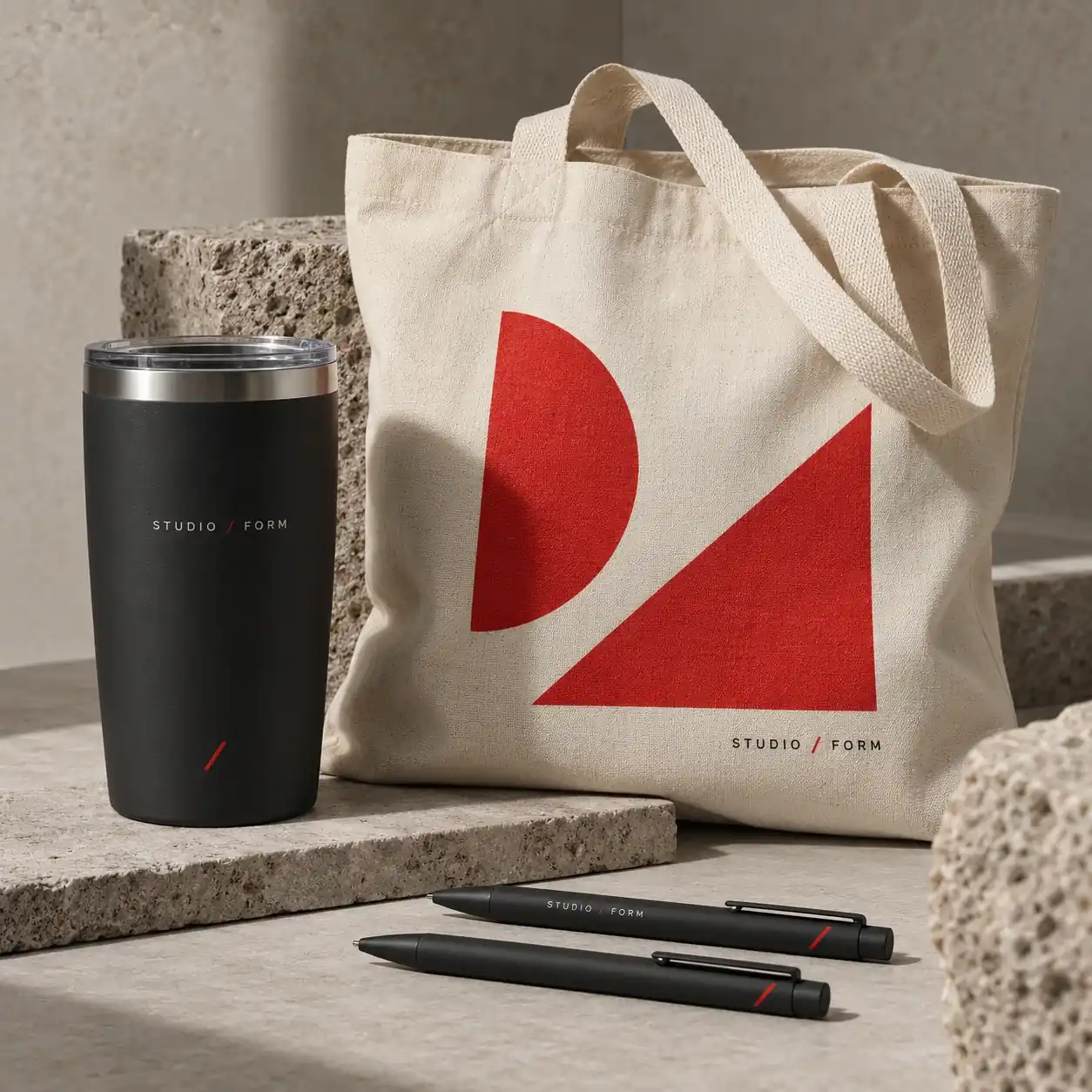 Printed promotional products shown as a physical product in charcoal, red and warm white