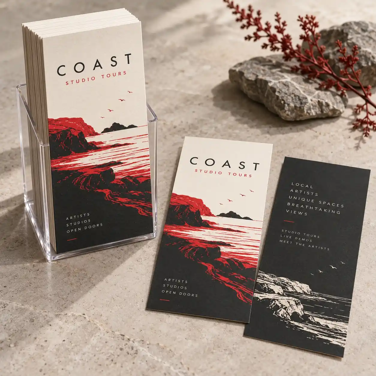Printed rack cards shown as a physical product in charcoal, red and warm white