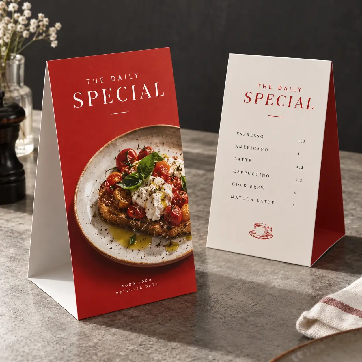 Printed table tents shown as a physical product in charcoal, red and warm white