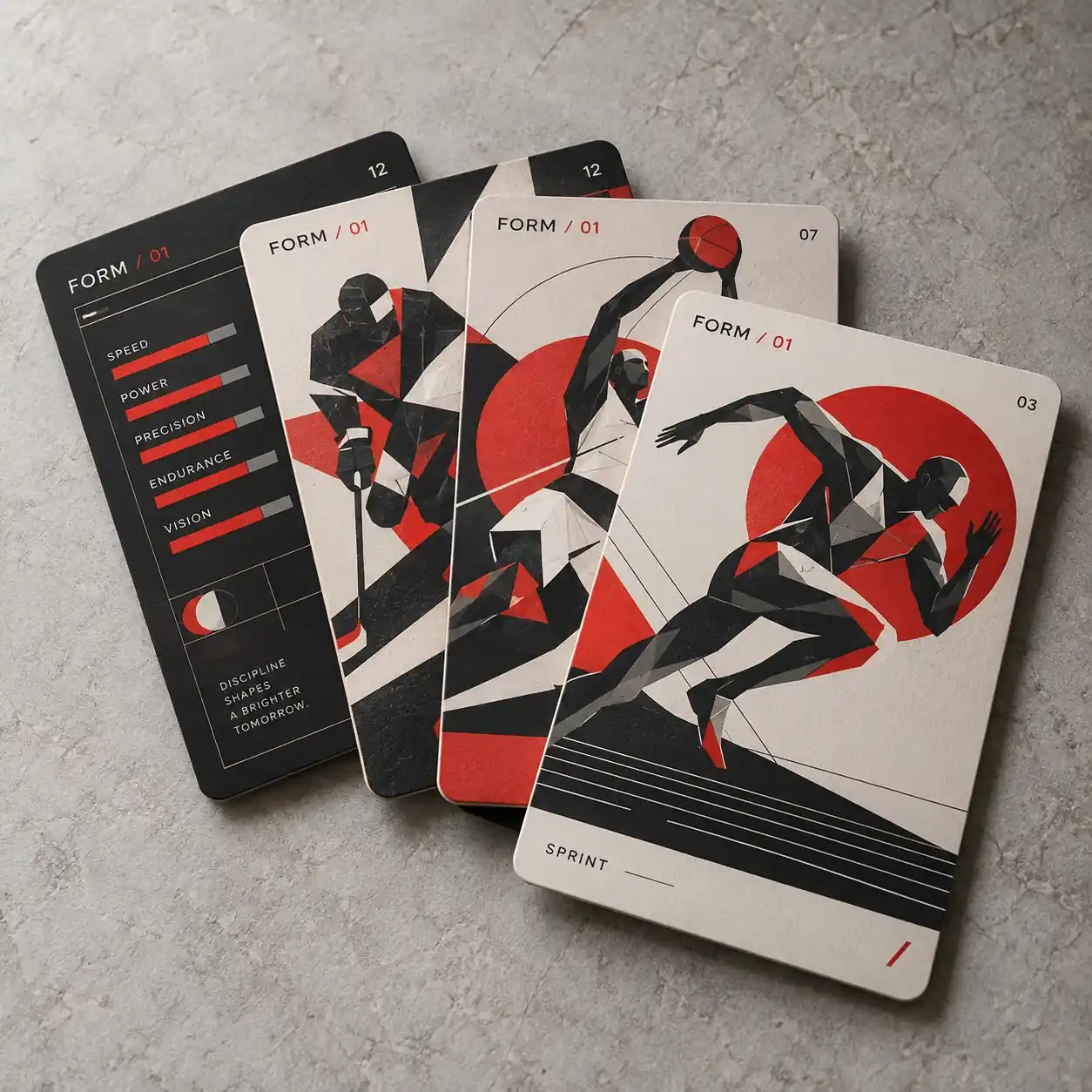 Printed trading cards shown as a physical product in charcoal, red and warm white