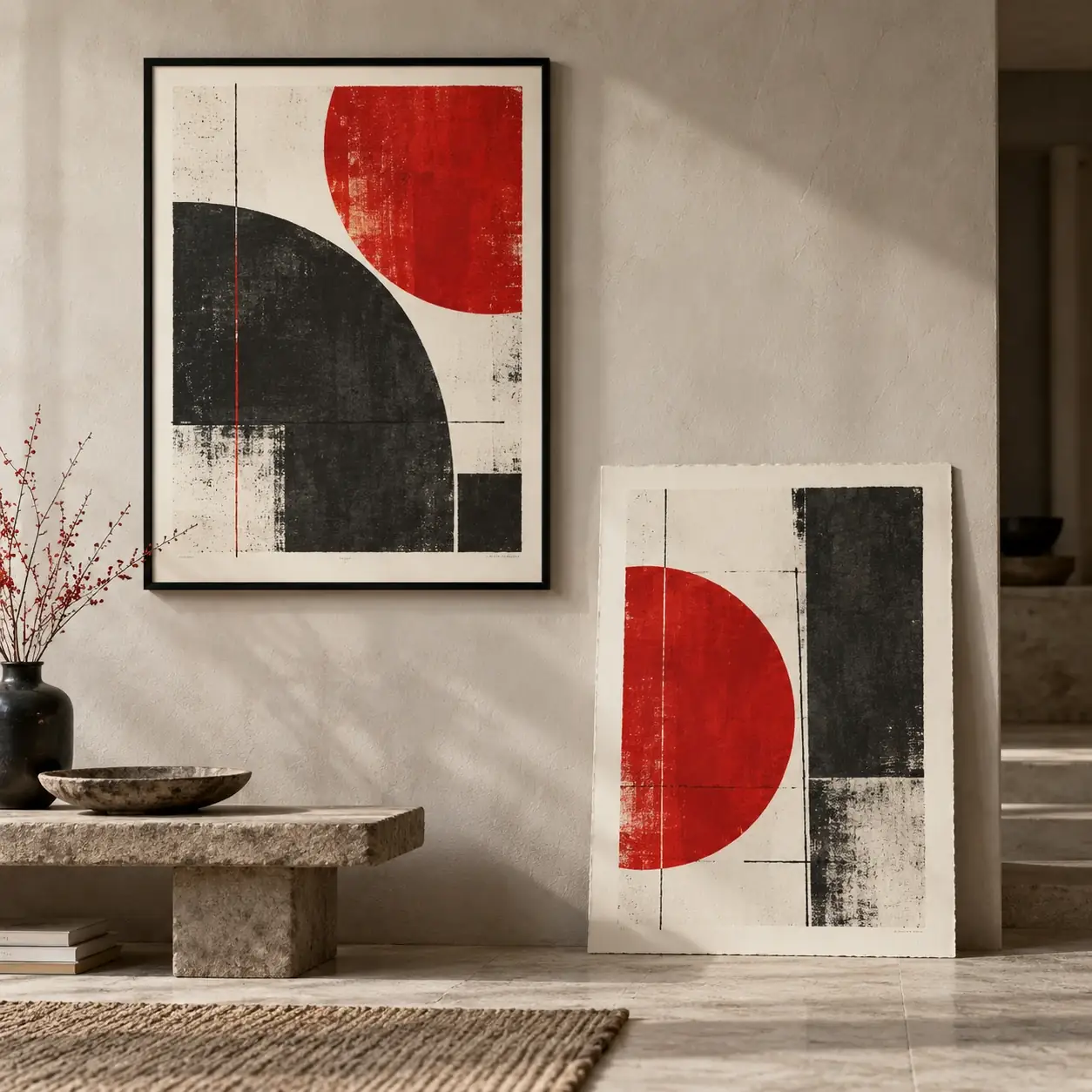 Printed wall art shown as a physical product in charcoal, red and warm white