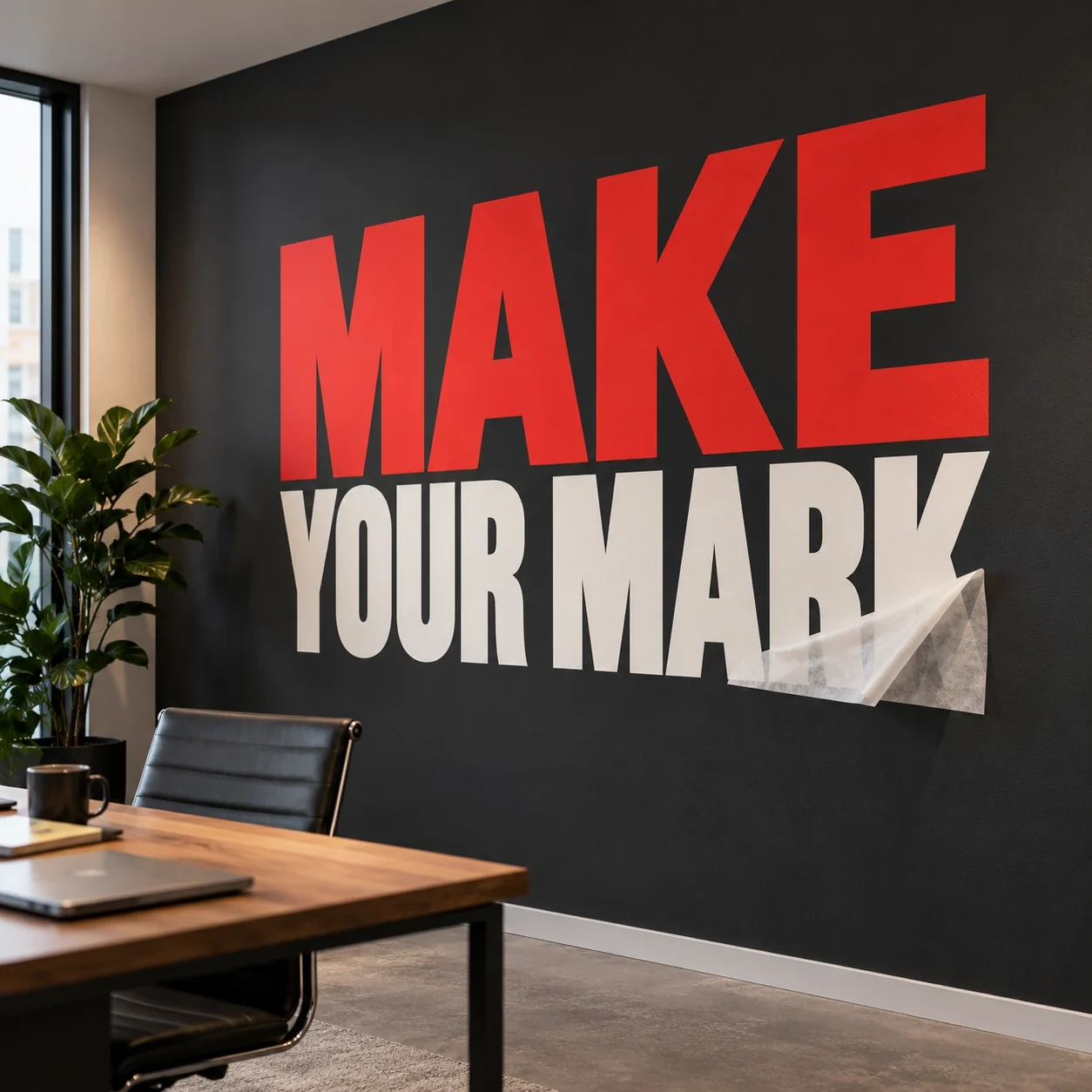 Printed wall decals shown as a physical product in charcoal, red and warm white
