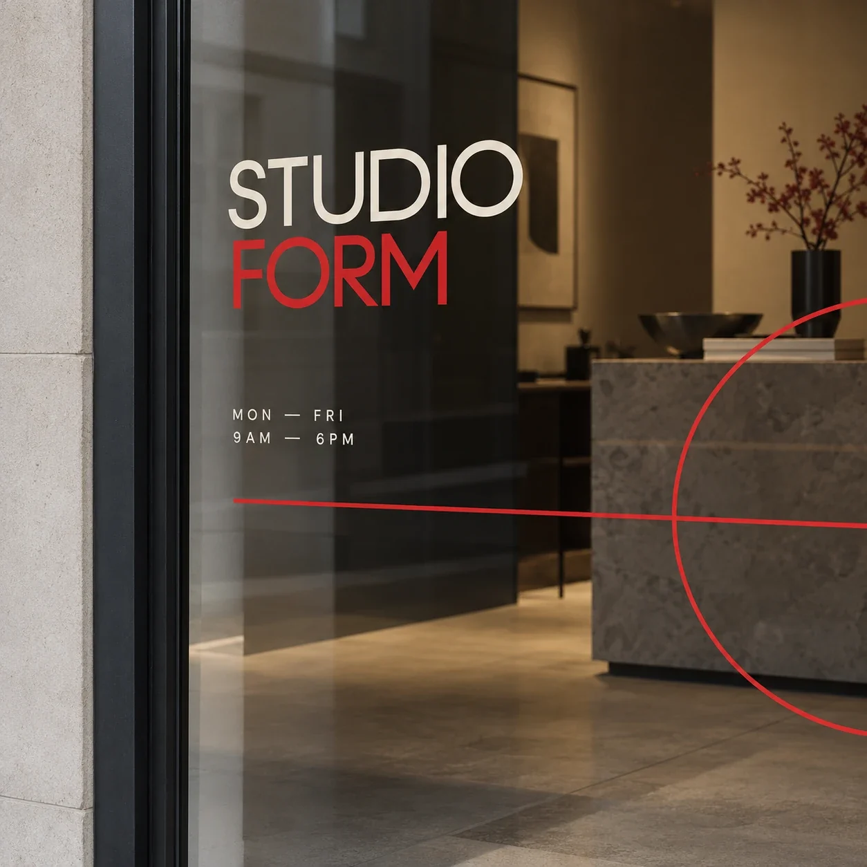 Printed window graphics shown as a physical product in charcoal, red and warm white