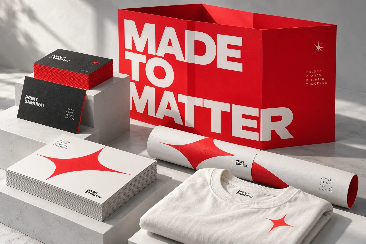 Bold red presentation folders, thick charcoal business cards, postcards and custom apparel in a sculptural print collection