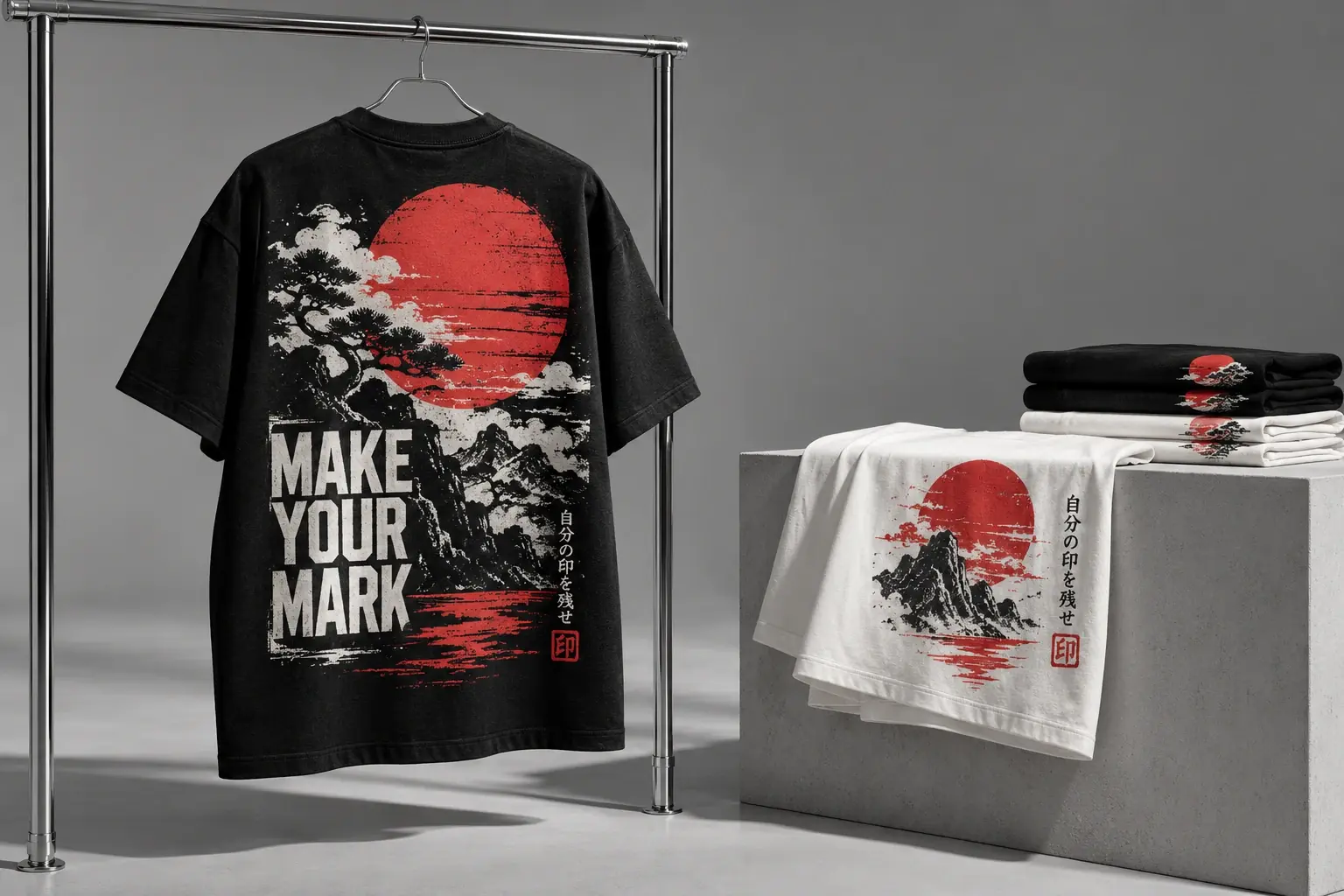 Black heavyweight T-shirt with a large red and white Make Your Mark screenprint beside white printed tees